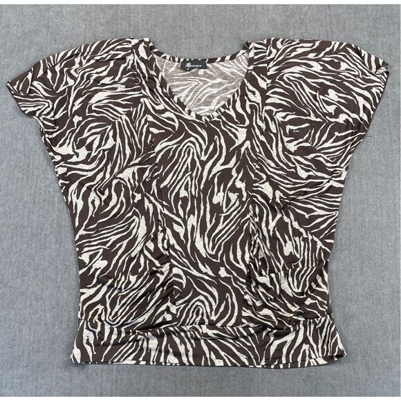 Brown Zebra‎ Print Ruched Blouse AB Studio Women M Animal Safari Top Casual - Picture 1 of 8